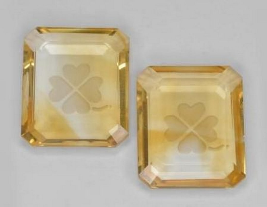 Pair of Gold Citrine Octagon Gemstones with Etched Four-Leaf Clovers (1 of 2)