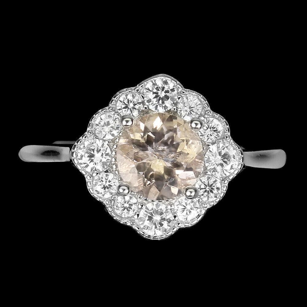 Round Cut Pink Morganite Center Stone & Crystal Crown Sterling Silver 925 Ring - Size 8 (1 of 3)