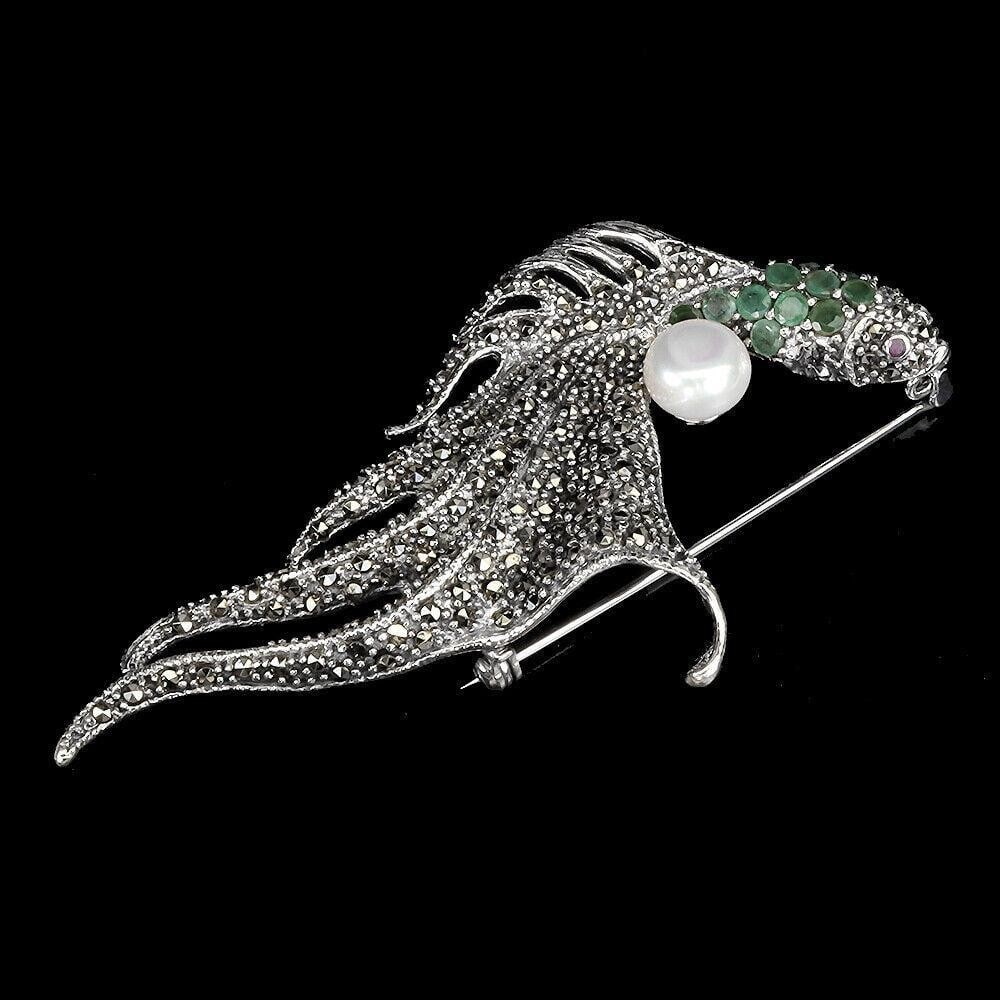 3.5mm Round Cut Green Emerald /Ruby Eye Sterling Silver 925 Fish Brooch (1 of 3)