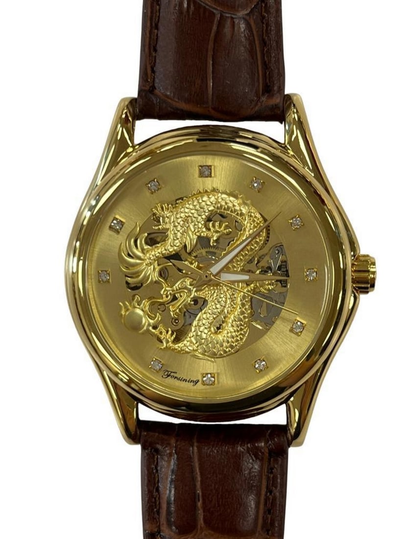 Mens Unique Gold Dragon Automatic Watch With Brown Genuine Leather Band (1 of 2)