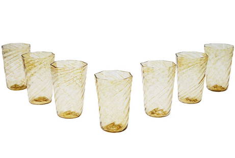 Set of Six Blown Glass Octagonal Drinking Glasses: Set of Six Blown Glass Octagonal Drinking Glasses  This set of six blown glass octagonal drinking glasses offers a unique fusion of geometric form and artisanal technique. Each glass is hand-blown