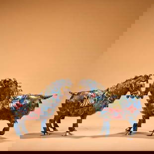 Pair of Chinese Antique Gilt Bronze Cloisonné Enamel Horses: Pair of Chinese Antique Gilt Bronze Cloisonné Enamel Horses  This exquisite pair of Chinese antique horse statues is crafted from gilt bronze and adorned with vibrant cloisonné enamel. Rich in detai