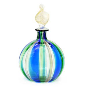 Round Blue & Green Perfume Bottle – Murano Glass: Round Blue & Green Perfume Bottle – Murano Glass This little blue bottle is expertly handmade using the blown glass technique, featuring vibrant blue, green, and aventurine cane colors.