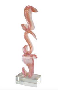 Striped Ribbon With Gold Murano Glass Sculpture: Striped Ribbon With Gold Murano Glass Sculpture Pink and gold ribbon worked free hand on a punty in solid glass. Made in original Murano glass. This sculpture is perfect to decorate different