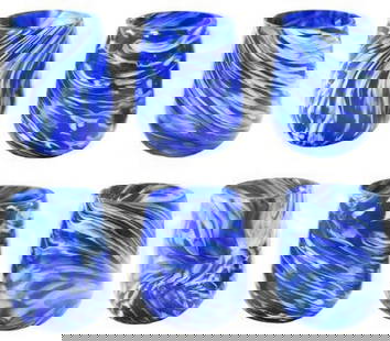 Set of 6 Blue Murano Glass Drinking Glasses: Set of 6 Blue Murano Glass Drinking Glasses  This elegant set of six Murano glass drinking glasses features rich blue glass adorned with unique white wave-like line patterns, each glass showcasing its