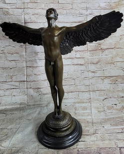 Weinman Inspired Icarus Angel Bronze Sculpture On Marble Base - 25" x 22": Weinman Inspired Icarus Angel Bronze Sculpture - 25&#34; x 22&#34;  Adolph Alexander Weinman (American, 1870-1952) created the allegorical bronze figure, &#34;Rising Day&#34;. The sculpture stands 25