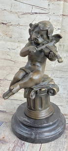 Moreau Inspired Cherub Playing Violin Bronze Sculpture On Marble Base - 8" x 5": Moreau Inspired Cherub Playing Violin Bronze Sculpture - 8&#34; x 5&#34;  This beautiful bronze statue depicts an adorable little cherub playing the Violin. It is part of a series of cherub musicians
