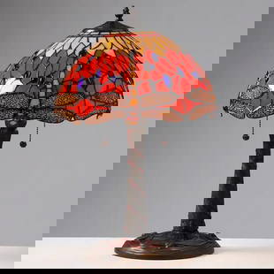 Tiffany-Inspired Red Dragonfly Mosaic Table Lamp: Tiffany-Inspired Red Dragonfly Mosaic Table Lamp This elegant Tiffany-style table lamp features a beautifully detailed dragonfly shade crafted from hand-cut stained glass pieces, each wrapped in fine