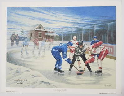 The Hockey Scouts' Painting By James Lumbers: 'The Hockey Scouts' Painting By James Lumbers. Anyone who grew up in a winter climate can probably remember playing hockey on a rink near the house. One day as the fellows were playing a