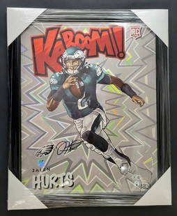 Jalen Hurts Signed Kaboom 5/10 Gold Ed. Beckett COA - 16" x 20" Art, Framed: Authentic Jalen Hurts With Signature Kaboom Gold With Black Frame Edition 5 of 10 Beckett COA - 16&#34; x 20&#34; Art Up For Auction Is An Authentic Jalen Hurts Autographed Piece of Art Featuring The