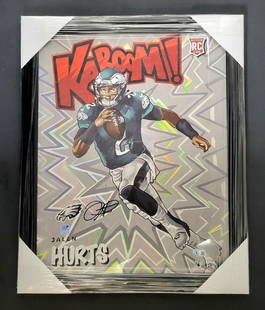 Jalen Hurts Signed Kaboom 6/10 Gold Ed. Beckett COA - 16" x 20" Art, Framed: Authentic Jalen Hurts With Signature Kaboom Gold With Black Frame Edition 6 of 10 Beckett COA - 16&#34; x 20&#34; Art Up For Auction Is An Authentic Jalen Hurts Autographed Piece of Art Featuring The