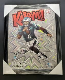 Jalen Hurts Signed Kaboom 7/10 Gold Ed. Beckett COA - 16" x 20" Art, Framed: Authentic Jalen Hurts With Signature Kaboom Gold With Black Frame Edition 7 of 10 Beckett COA - 16&#34; x 20&#34; Art Up For Auction Is An Authentic Jalen Hurts Autographed Piece of Art Featuring The