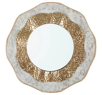 Round Wavy Wall Mirror in Gold and White Meta: Round Wavy Wall Mirror in Gold and White Meta This wall mirror features a metal frame with a striking contrast between gold and light tones. Its sinuous, irregular design adds a touch of charm to any