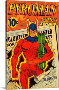 Startling Pyroman Retro Comics Wall Art: Startling Pyroman Retro Comics Wall Art Dynamic comic-style wall art featuring the fiery Startling Pyroman in action. With bold lines and vivid colors, this piece captures the intensity of superhero