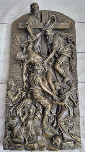 The Descent from the Cross Bronze Wall Sculpture by M. Angelo - 16" x 8": The Descent from the Cross Bronze Wall Sculpture by M. Angelo - 16&#34; x 8&#34;  Immerse yourself in the solemn beauty of The Descent from the Cross, a remarkable bronze sculpture capturing the emoti