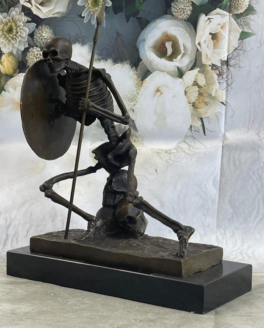Skeleton Warrior w/ Shield and Spear Bronze Statue With Marble Base (1 of 3)