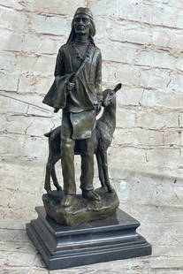 Native American Man Standing with Dear Original Bronze Statue - 12" x 5": Native American Man Standing with Dear Original Bronze Statue - 12&#34; x 5&#34;   Step into Native American spirituality with this captivating bronze sculpture of a warrior walking alongside a deer.