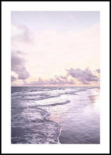 Pastel Purple Waves Poster: Pastel Purple Waves Poster A romantic landscape poster of a purple sea with clouds in the purple yellow sky. The waves gently hit the beach and the poster radiates calm and harmony. Purple is the col