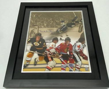 Authentic Bobby Orr Custom 20" x 24" Collage Autographed Picture With COA From GWN: Authentic Bobby Orr Custom 20" x 24" Collage Autographed Picture With COA From GWN. An Excellent Piece of Sports Memorabilia From A True Legend Of The Game. View Photos For Further Details.