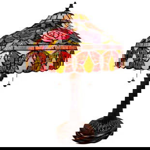 23" Vintage Floral Stained Glass Inspired Tiffany Table Lamp: 23&#34; Vintage Floral Stained Glass Inspired Tiffany Table Lamp This Tiffany-style lamp features an elegant metal stem and a floral pattern, honoring early 20th-century designs. Handcrafted using Lou
