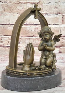 Putti Praying" Inspired Bronze Statue - 8" x 6: &#34;Putti Praying&#34; Inspired Bronze Statue - 8&#34; x 6&#34;   This handcrafted Putti Praying sculpture by A. Moreau is an elegant bronze artwork, perfect as a home accent or thoughtful gift. Deta