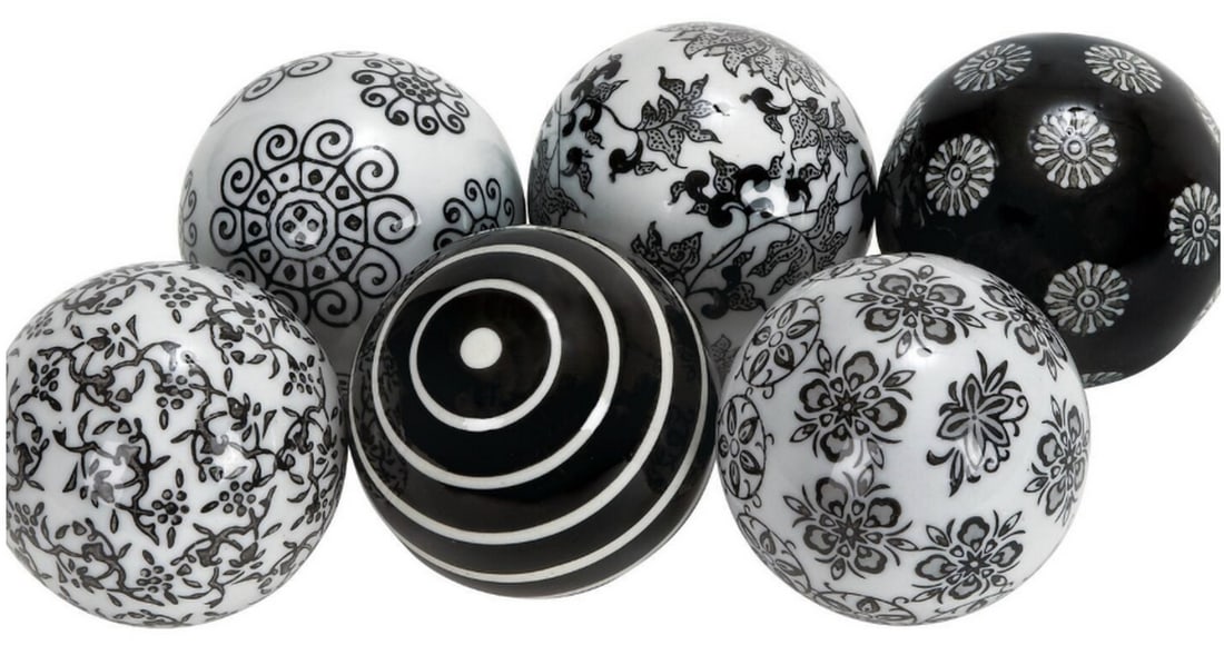 6 Patterned Black and White Decorative Balls: 6 Patterned Black and White Decorative Balls Add color and textured to any vase or decorative bowls with these fillers to enhance your living space. Bring a finishing touch to your home with an invit