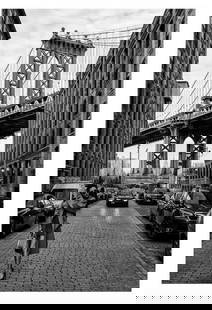 The Street Under Manhattan Bridge Poster Print: The Street Under Manhattan Bridge Poster Print  Black and white photograph of a woman standing in a street in New York in front of Manhattan Bridge. Photograph in black and white of a woman in a trenc