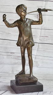 The Flute Player" Bronze Sculpture by Haubner - 12.5" x 7.5: &#34;The Flute Player&#34; Bronze Sculpture by Haubner - 12.5&#34; x 7.5&#34; This charming bronze statue of a young boy playing the flute captures a delightful sense of whimsy and joy. Standing with