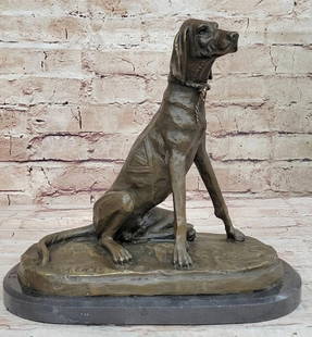 Inspired Bronze Vigilant Hound Sculpture - 10" x 10": Inspired Bronze Vigilant Hound Sculpture - 10&#34; x 10&#34; This striking bronze sculpture captures a golden-brown hound in a relaxed yet watchful pose, showcasing its sleek form, keen eyes, and grac