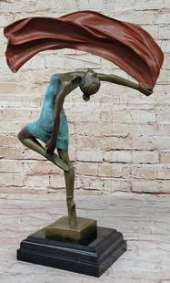 Original Bronze Dancer Sculpture by Aldo Vitaleh - 19" x 11.5": Original Bronze Dancer Sculpture by Aldo Vitaleh - 19&#34; x 11.5&#34;  The sexy dancer is seen leaping into the air as a fabric banner, coated in a vibrant brown patina, twines itself around her scul