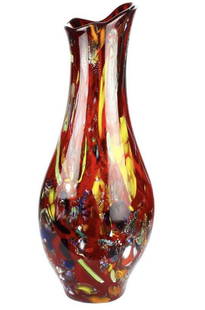 Red Vase with Multicolor Accents Murano Glass Art: Red Vase with Multicolor Accents Murano Glass Art Hand-blown red vase in transparent glass with vibrant multicolor accents. Crafted using a traditional Murano technique, small pieces (called macete) a