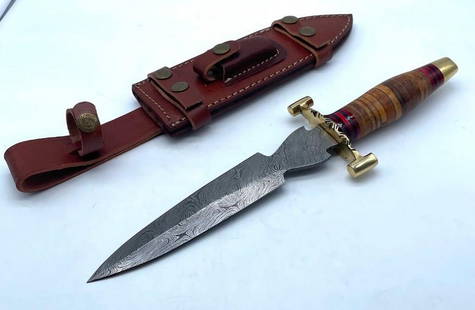 15 1/2" Brass & Wooden Handled Damascus Shive Sword: 15 1/2&#34; Brass &amp; Wooden Handled Damascus Shive Sword With Stitched Leather Sheath An Excellent Hand Crafted Shive To Add To Any Collection.  High Quality steel is utilized to forge the finest p