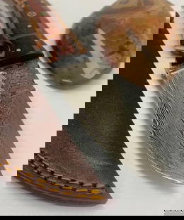 8 1/2" Inlaid Wood Handle Damascus Hunting Knife: 8 1/2&#34; Inlaid Wood Handle Damascus Hunting Knife With Stitched Leather Sheath An Excellent Hand Crafted Shive To Add To Any Collection. A Very Well Designed Custom Handle Involving Many Hours Of C
