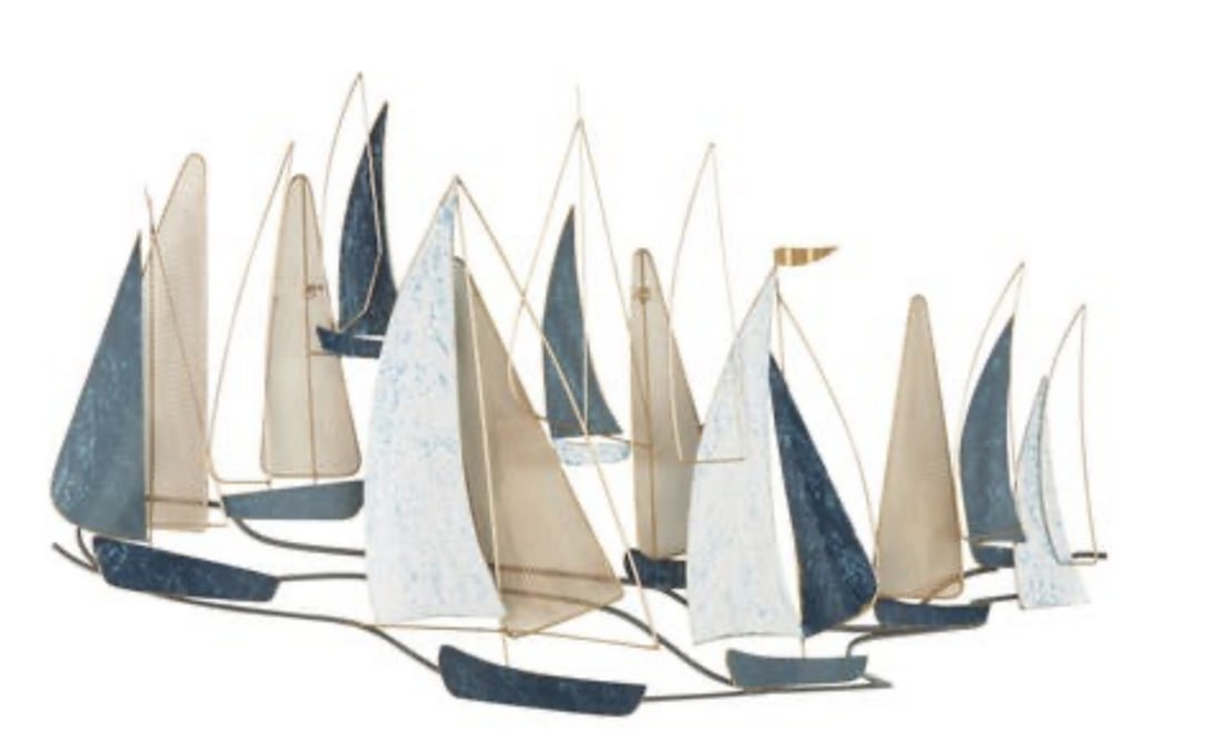 Nautical Blue Metal Sail Boat Wall Decor: Nautical Blue Metal Sail Boat Wall Decor Hang this elegant coastal wall art in your living room, bedroom, or entryway above a cabinet paired with a clear vase and green stems. Iron wall decor makes a