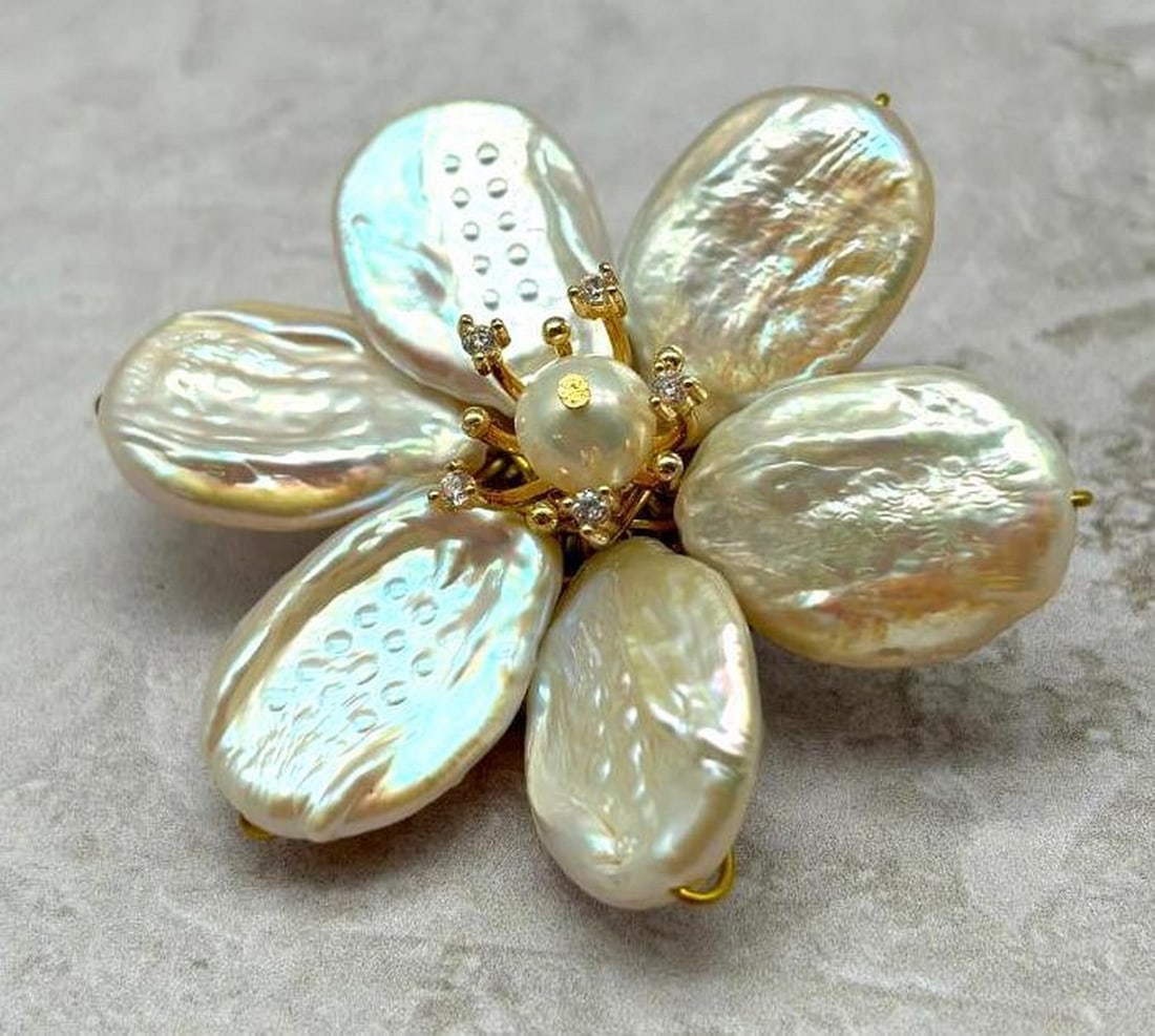Handmade White Coin Pearl Flower Brooch (1 of 3)