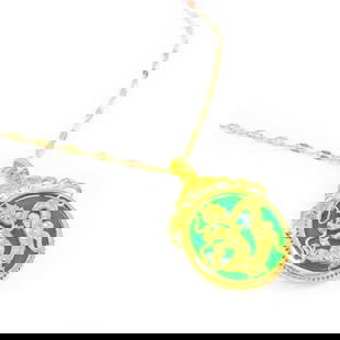 Chinese Carved Green Jade In Gold Dragon Mount Necklace: Chinese Carved Green Jade In Gold Tone Dragon Mount Pendant. The Pendant Is Accompanied With Necklace Shown In The Photos.