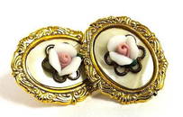 Ladies Vintage Hand Crafted Porcelain Earrings Mounted On Mother Of Pearl, With An 18K GP Border