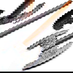 HEROS Hand Made Damascus Steel Forged Double Head War: For Auction Is A Stunning Handmade HERO&#39;s Damascus Double Headed WAR Axe Paired With a Handmade High Quality Genuine Leather Sheath.  Each blade is created Using 256 Layers Of 1095 and 15N20 High
