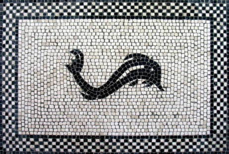 Dolphin Mosaic: Dolphin Mosaic  The Dolphin Mosaic illustrates a dolphin with geometric forms on the border in black and white.  This masterpiece is an entirely handmade mosaic reproduction created using the techniqu