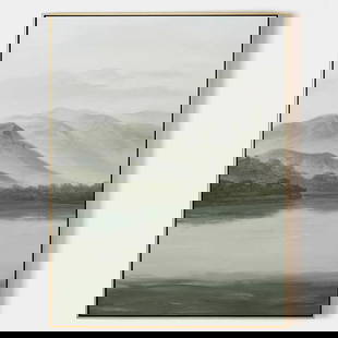 Tranquil Gray & Green Landscape Oil Canvas Painting: Tranquil Gray &amp; Green Landscape Oil Canvas Painting  Bring serenity to your space with this Tranquil Gray &amp; Green Landscape oil painting. Soft, earthy tones and gentle brushstrokes create a ca
