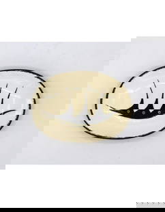 White Small Oval Ceramic Plate by Veran Pardeahtan: White Small Oval Ceramic Plate by Veran Pardeahtan  Veran&#39;s Ceremonial Black Rim Pottery designs are unique expressions of the rich heritage of North American Indigenous culture. The symbols, ofte