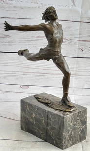 Signed Original Track Sprinter Bronze Sculpture On Marble Base - 11" x 10": Signed Original Track Sprinter Bronze Sculpture On Marble Base - 11&#34; x 10&#34;  A speed Runner poses for a portrait. He stretches his long muscular body. He kneels and curls an arm backward. Like