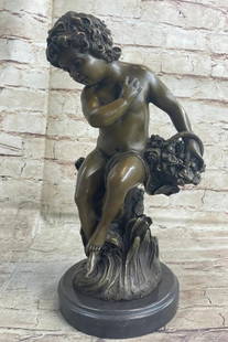 A. Moreau's Inspired Bronze Sculpture: Thoughtful Reflection of Cherub - 13" x 6": A. Moreau&#39;s Inspired Bronze Sculpture: Thoughtful Reflection of Cherub - 13&#34; x 6&#34;  Immerse your space in the timeless beauty of this bronze sculpture by the renowned artist A. Moreau. The