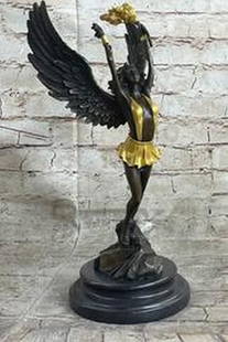 Divine Victory Angel Holding Torch Bronze Art Sculpture by Moreau on Marble Base - 14" x 6.5": Divine Victory Angel Holding Torch Bronze Art Sculpture by Moreau on Marble Base - 14&#34; x 6.5&#34;    This captivating bronze sculpture captures the essence of an angel standing with unwavering res