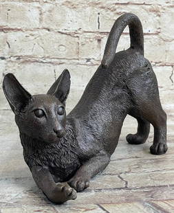 Playful Siamese Cat Inspired Bronze Statue - 6" x 9": Playful Siamese Cat Inspired Bronze Statue - 6&#34; x 9&#34;     In the gentle morning light, the Siamese cat gracefully stretches, embodying the potential of a day ahead. Radiating feline elegance, i