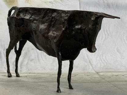 Picasso Inspired Bronze Bull Figurine: Picasso Inspired Bronze Bull Figurine   This is a small animal bronze after Pablo Picasso- the Modern Art slim abstract bull. This sculpture is an absolute great artwork with a motiv