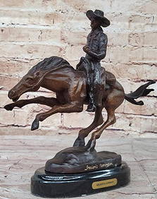 Frederic Remington Cowboy on Horse Art Deco Western Bronze Sculpture - 9" x 10" (1 of 8)