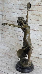 23" Tall "Tambourine Dancer" Girl Bronze Sculpture Statue On Marble Base - 15lbs: It&#96;s difficult to say whether the fine sculpture or the sheer presence of this beautiful art nouveau dancer first entrances the eye! Pure fluidity, the lithe figure and flowing tresses of the made