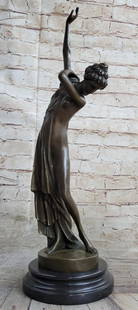 22" Tall Nude Roman Dancer Entertainer Sculpture Figurine On Marble Base - 17lbs: Ease and composure emanate from this Art Nouveau sculpture. It&#96;s a wonderfully designed and executed work of art, from the delicately poised stance of the woman with both arms above her head, to t