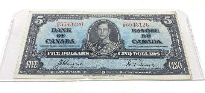 1937 BANK OF CANADA $5 BANK NOTE - C/S 5543136 - COYNE & TOWERS: 1937 Bank Of Canada $5 Bank Note - C/S 5543136 - Coyne &amp; Towers.   Please View Photos For More Details.